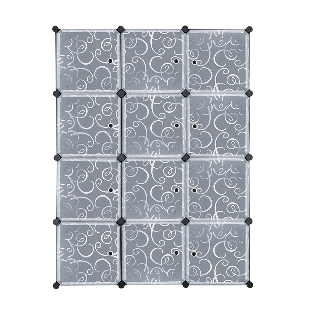 Private Jungle 12 Cubes Shelves Units, Closet Cabinet Bookshelf, DIY Plastic Modular Storage Cube Organizer w/Pattern White Doors and Hammer - Black