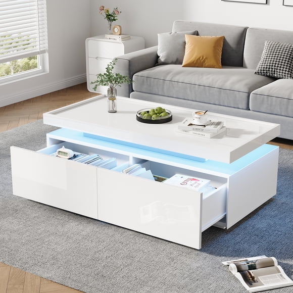 High-gloss Coffee Table with 2 drawers, LED lights, Modern Centre Table, Sofa Side Table, Tea Table for Living Room, Office, 37.4 x 17.7 x 13.7 inches, White