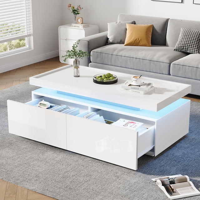 Noble House 37.4" High-Gloss Coffee Table,LED Lit with 2 Drawers,White