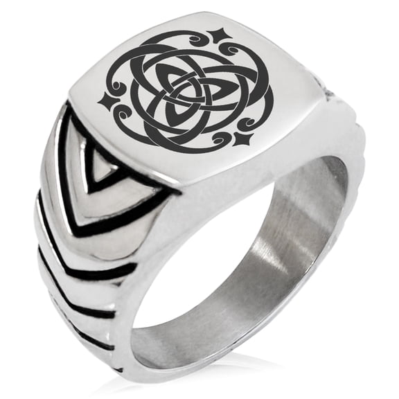 Stainless Steel Celtic Triquetra Heart Knot Chevron Pattern Biker Style Polished Ring