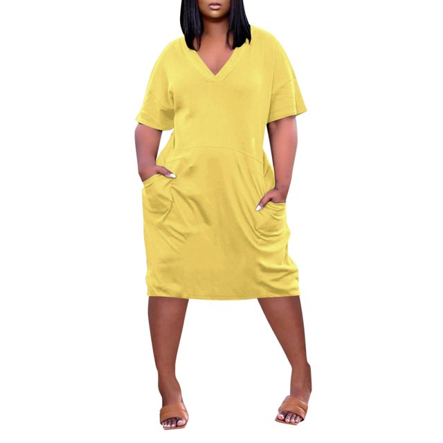 vestido casual de color sólido con bolsillo en la rodilla y manga corta con cuello en v de talla grande de verano para mujer amarillo / xl
