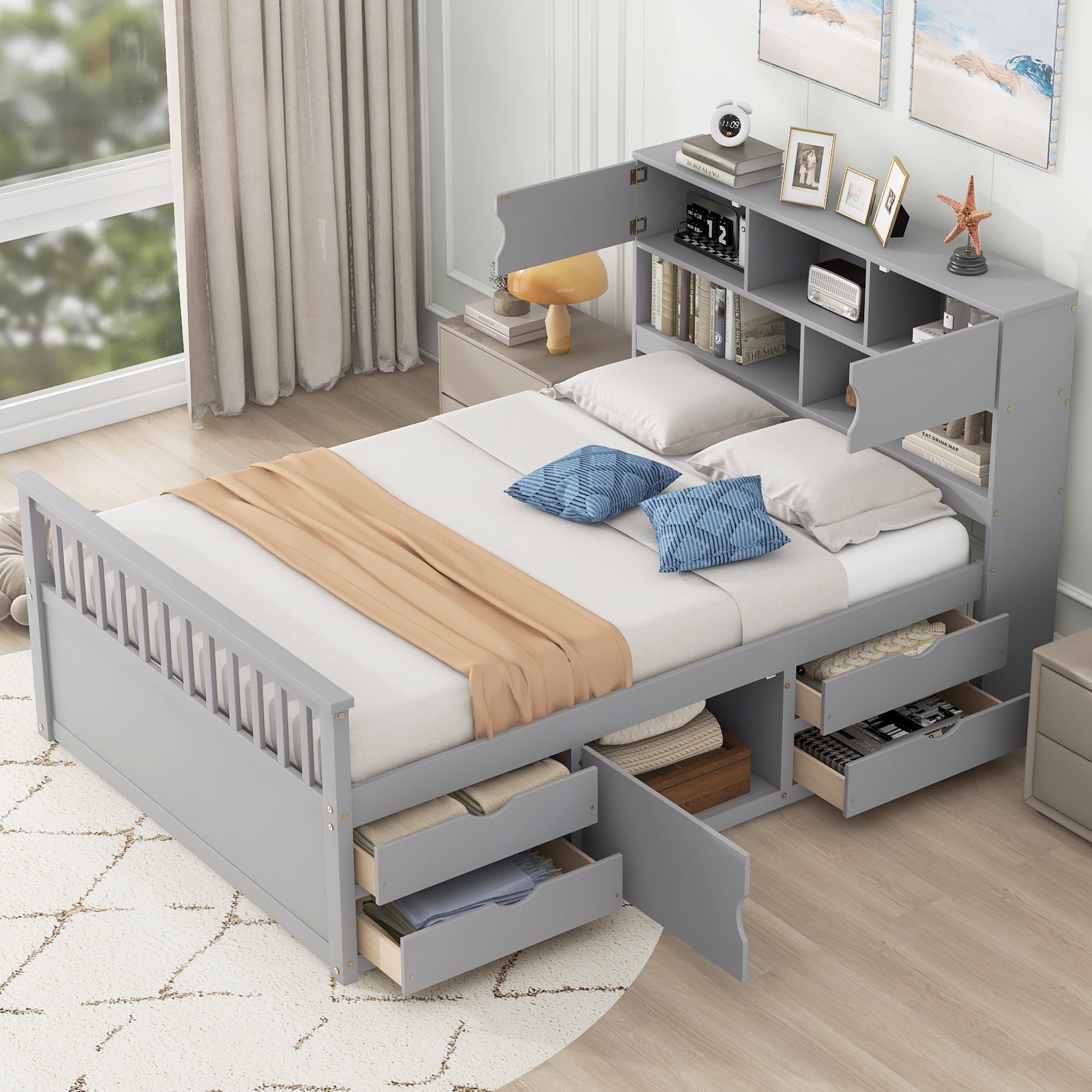Euroco Wood Full Size Platform Bed with Storage Headboard, Captain Bed with 4 Drawers, Bookcase and Cabinets, Gray