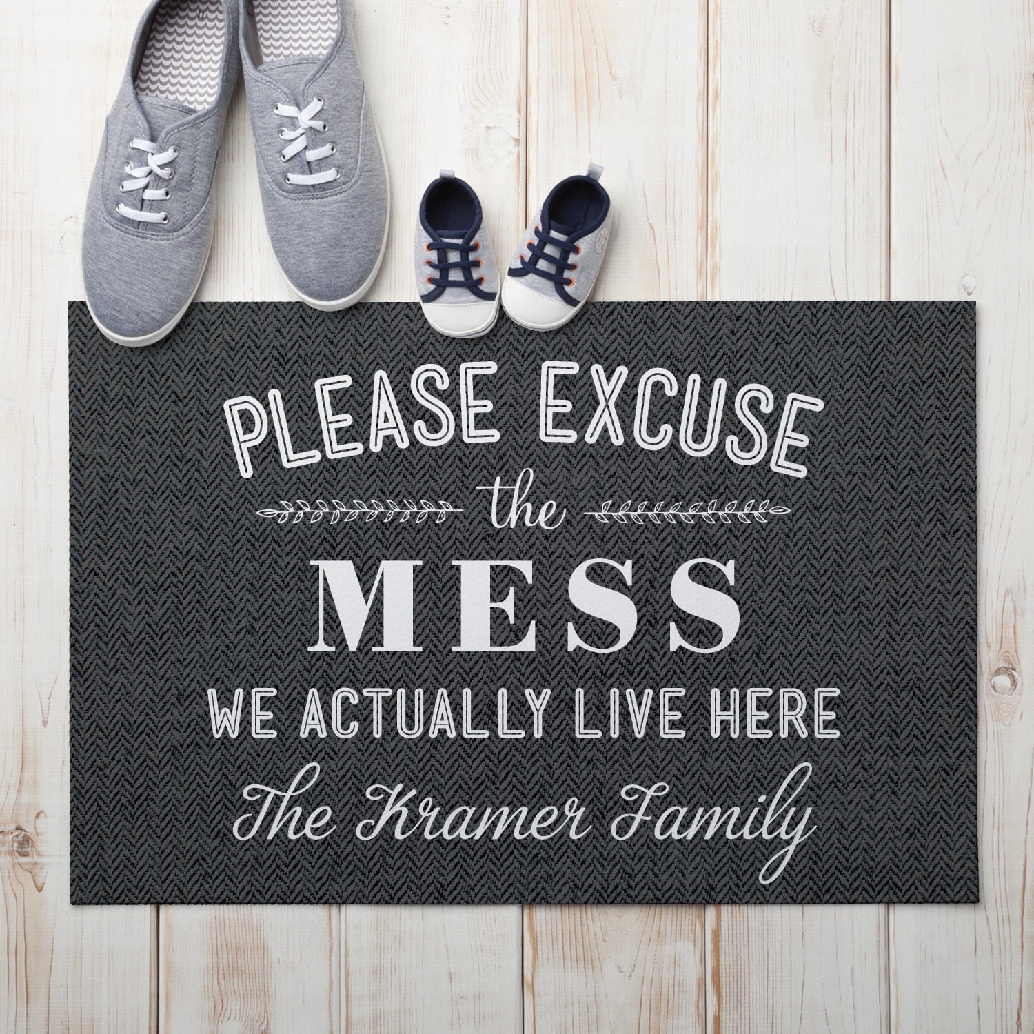 Personalized Planet 27x18 Please Excuse The Mess We Actually Live Here Doormat with Custom Family Name Printed on Gray Rectangular 1/8” Thick Non Slip Mat for Kitchen Hallway Deck or Porch