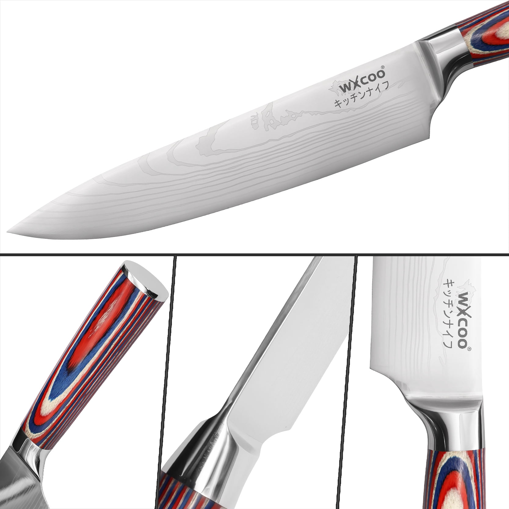 WXCOO Laser Damascus Pattern Kitchen Knife Set 2PCS Santoku Japanese Slicer Chef Knives High Wood Handle for Kitchen with Box