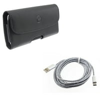 Black Horizontal Leather Case Side Cover Pouch w Braided White 10ft Long Type-C Cable Rapid Charger Sync USB Wire X1N for Samsung Galaxy S10 5G Note 9 8 A9 - ZTE Blade Max View