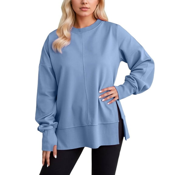 Women Fall Sweatshirts Oversize Solid Long Sleeve Crew Neck Side Slit Casual Athletic Outfits Trendy Blue