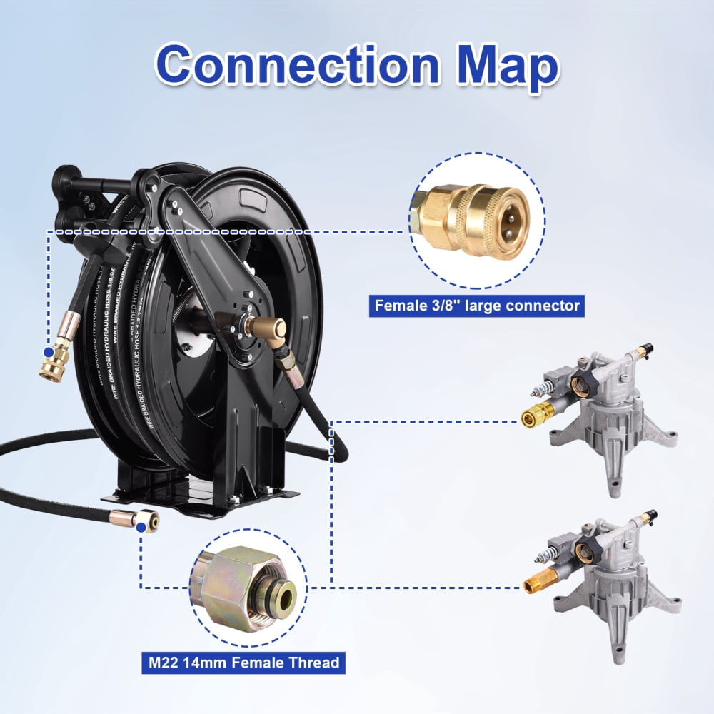 VAHIGCY Pressure Washer Hose Reel 50 Ft 3/8inch X 50 FT Heavy Duty Tools Hose Reel Auto-Retractable Hose Reel Steel Arm 4000 PSI Hose Reel For Easy Watering Of Garden Or Yard usual
