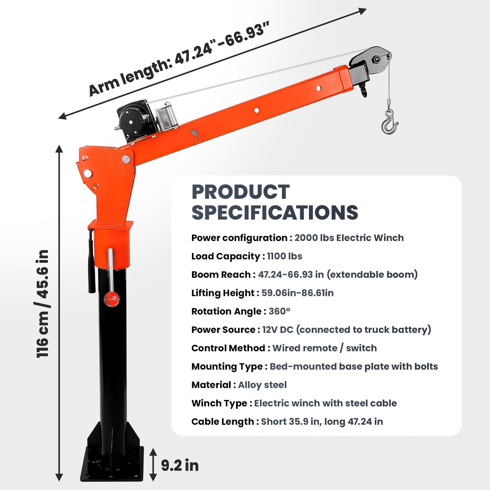 12v Electric And Manual Truck Crane, 2200 Lbs Heavy Duty Jib Hoist, Angle Adjustable, Alloy Steel, Orange Thickened Bracket, Wear Resistant for Pickup Truck Bed, Farm Work