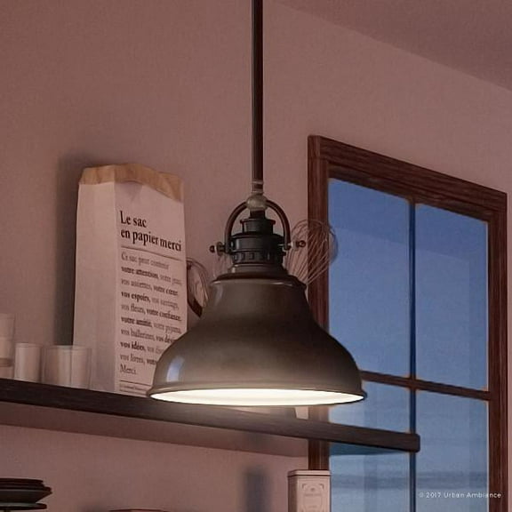 Urban Ambiance Luxury Industrial Indoor Hanging Pendant Light, Small Size: 9"H x 8"W, with Americana Style Elements, Nostalgic Design, Oil Rubbed Parisian Bronze Finish and Steel Shade, UQL2291
