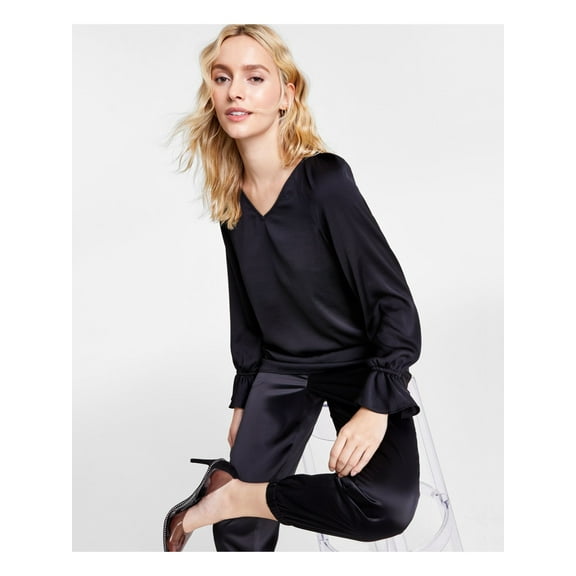BAR III Womens Black Ruffled Long Sleeve V Neck Party Top S