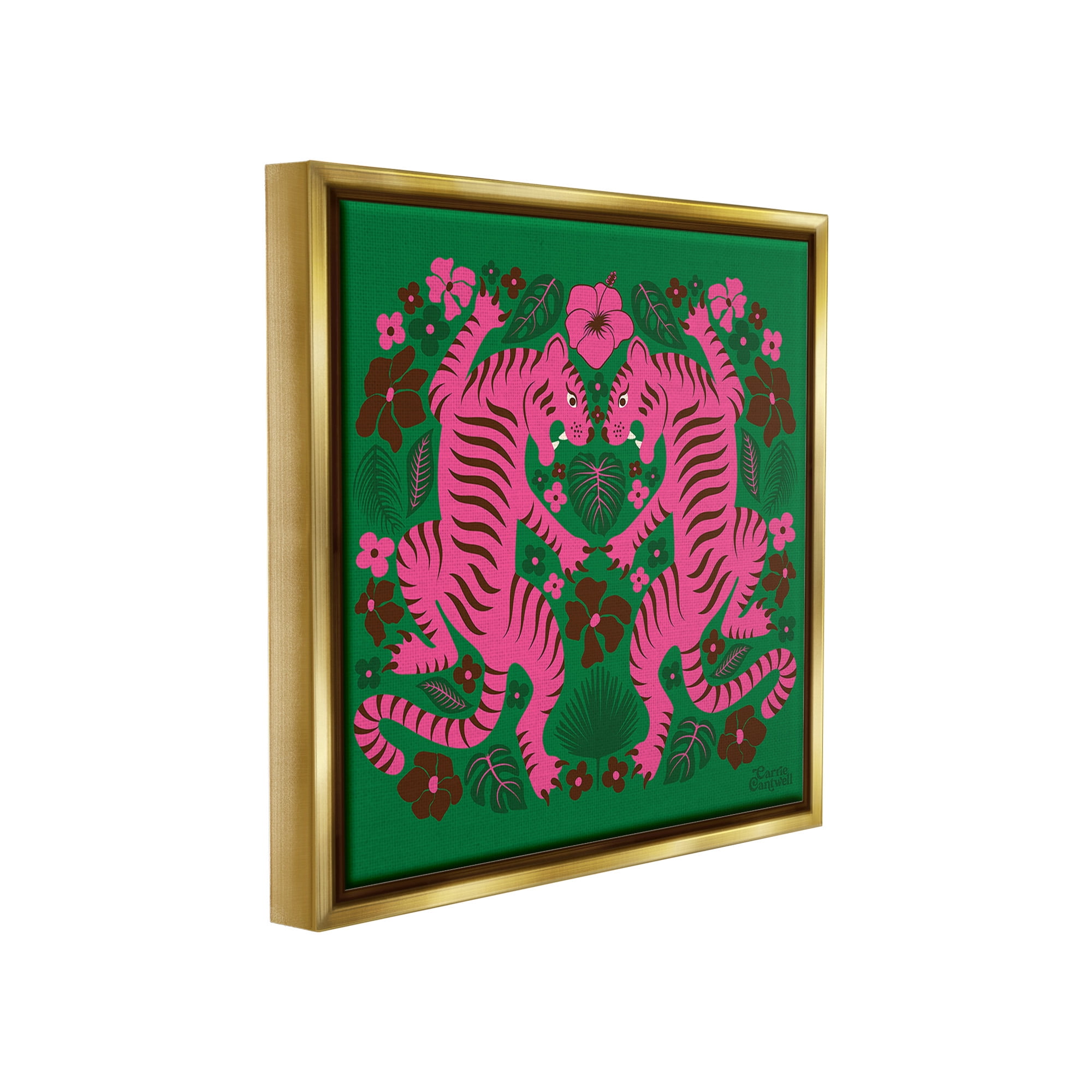 Stupell Industries Tropical Tigers Pattern Animals & Insects Painting Gold Floater Framed Canvas Art Print Wall Art, 18 x 18