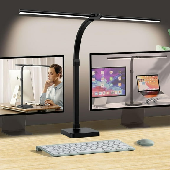 Desk Lamp for Office, Double 24W with Base, Architect Light 5 Lighting Brightness Flexible Gooseneck Table Reading Study, Black