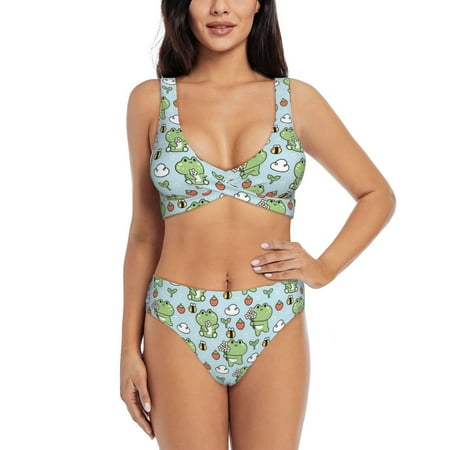 Zeuib Cute Floral Frog High Waisted Tummy Control Bikini Set - Knot Front Push Up Top & Cheeky Thong Bottom  Two-Piece Swimsuit for Women-Small