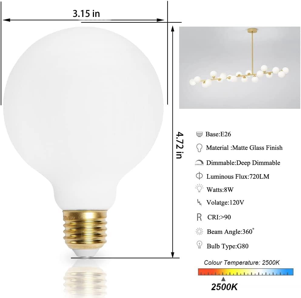 KarlunKoy LED Globe Light Bulbs,Dimmable 8W (Equivalent 80 Watt) Edison Bulbs,Soft White 2500K,G80/G25 Matt Opal Glass LED Filament Bulbs,Decorative,CRI 90+ E26 Medium Base(Pack of 2)