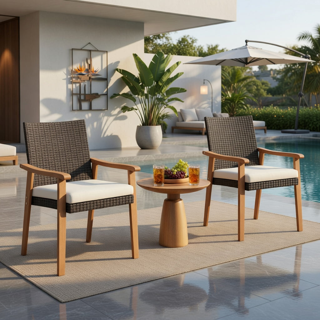Hommoo 2-Piece PE Rattan Outdoor Dining Chair Set with Removable Cushions & Natural Acacia Wood Armrests, Weather-Resistant Patio Seating for Backyard, Deck or Garden, White