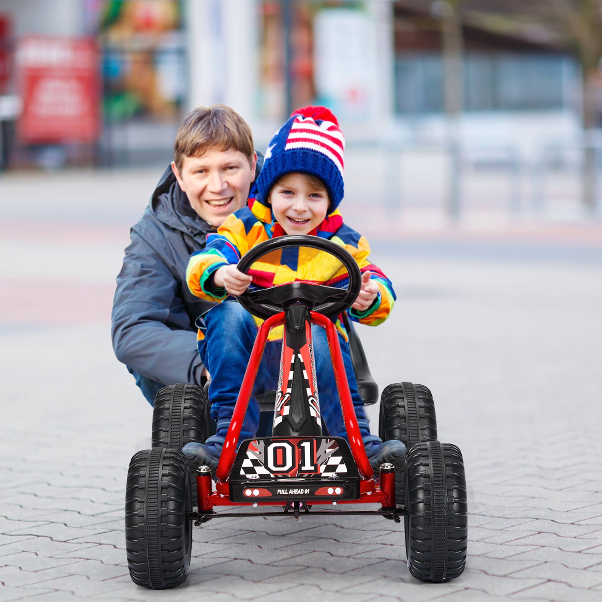 Gymax Kids Pedal Go Kart 4 Wheel Ride On Toys w/ Adjustable Seat & Handbrake Red