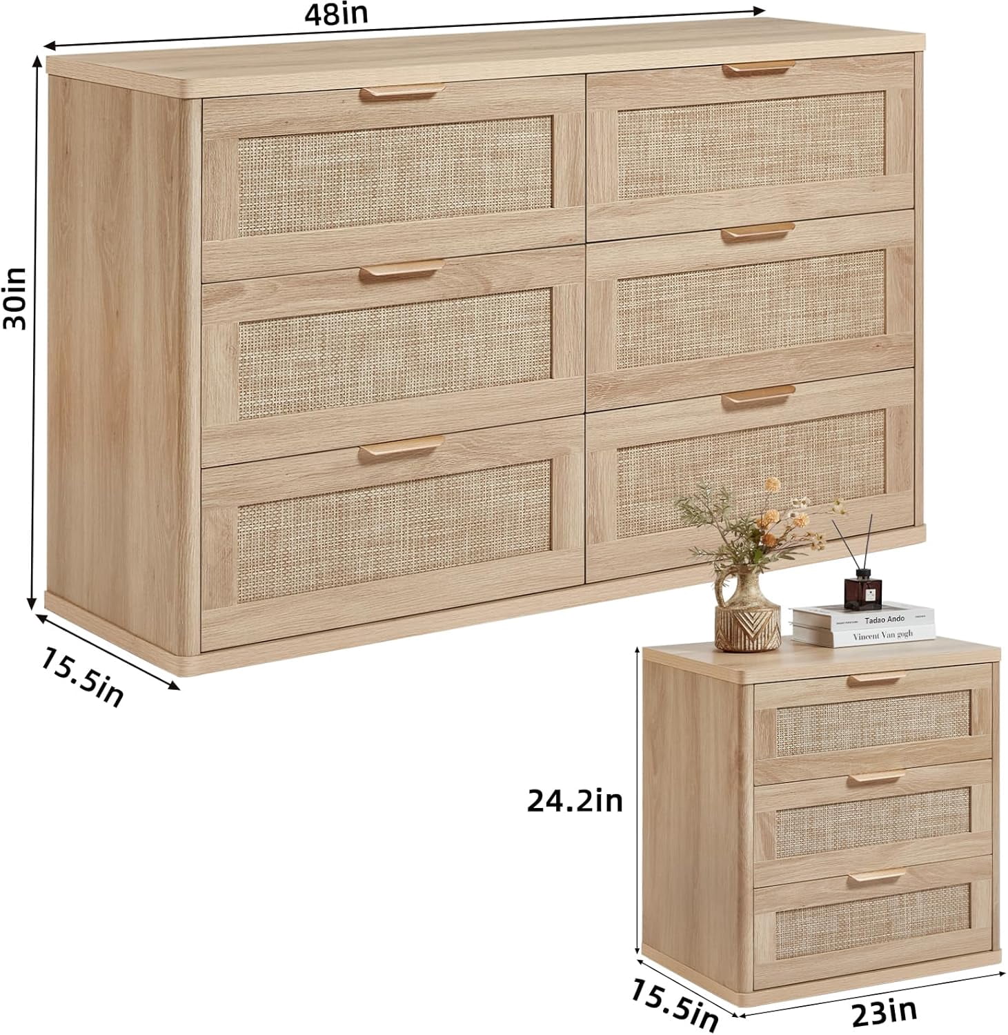 LEYAOYAO 3-Piece Rattan Dresser & Nightstand Set - Natural Oak 6-Drawer Dresser (48") & 2 Nightstands, Boho Bedroom Furniture Set with Storage