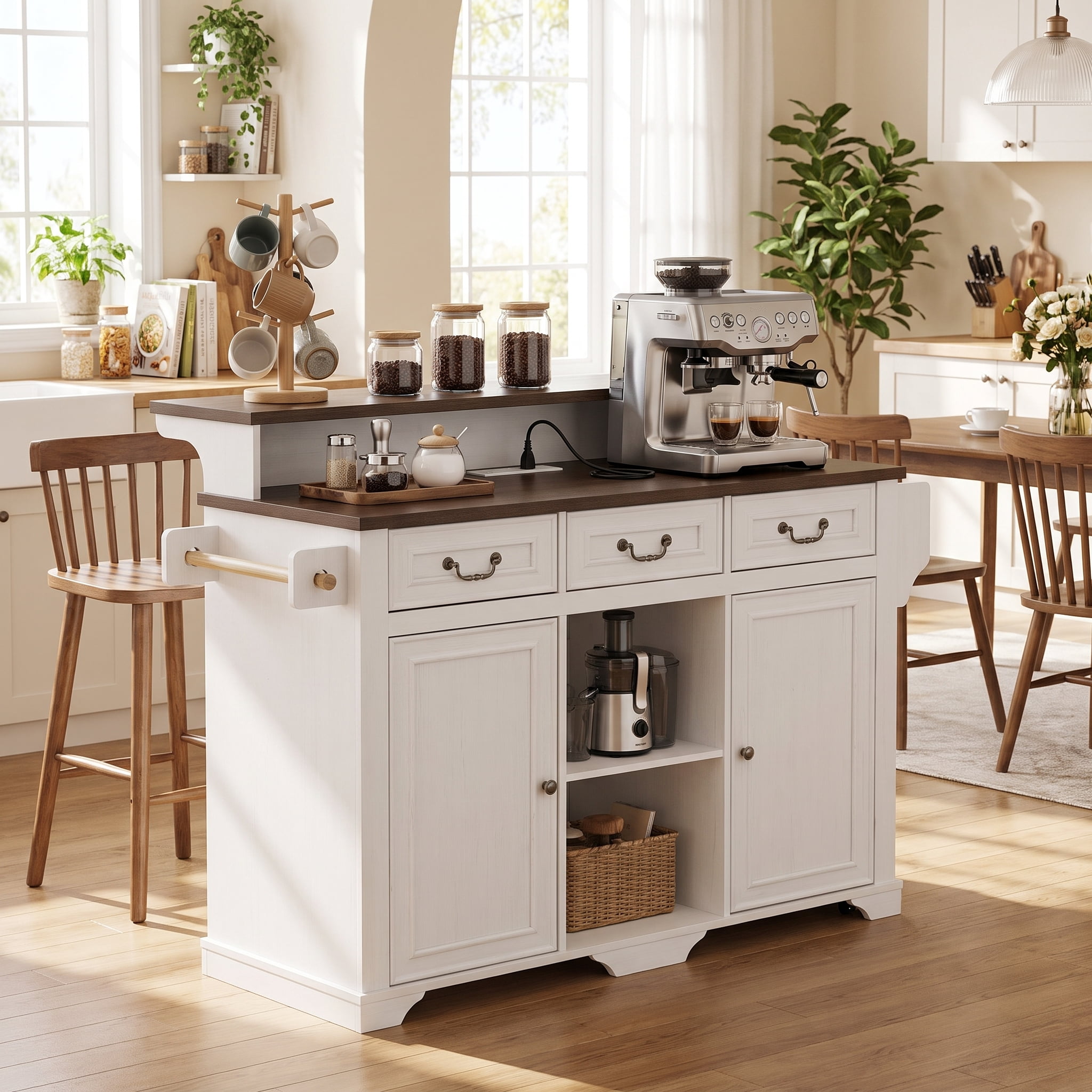 Homy Casa 52" Farmhouse Kitchen Island Cart with Power Outlet, Rolling Storage Cabinet, White