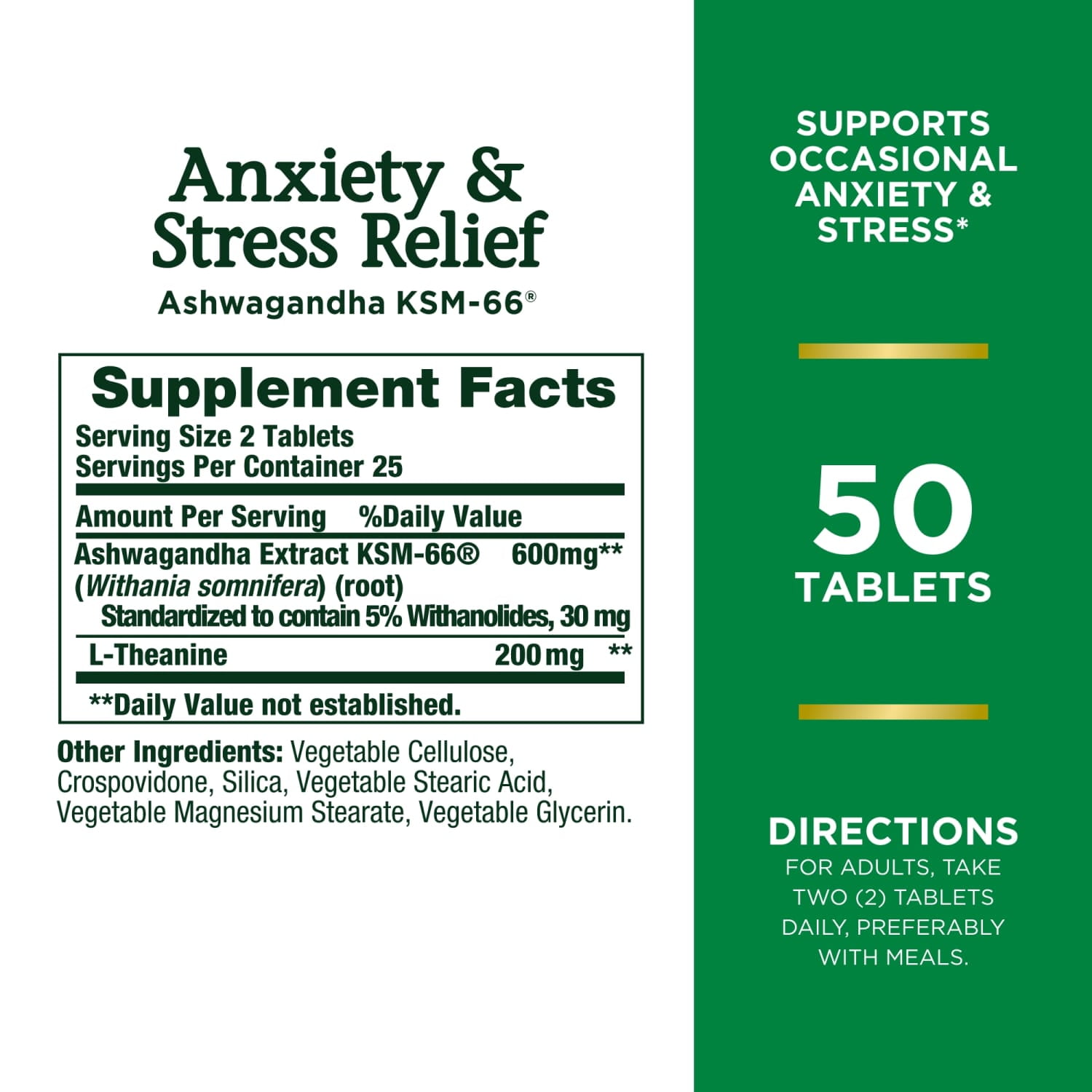 Nature’s Bounty Anxiety & Stress Relief Ashwagandha KSM 66, L-Theanine, Dietary Supplement, Tablets, 50 Ct