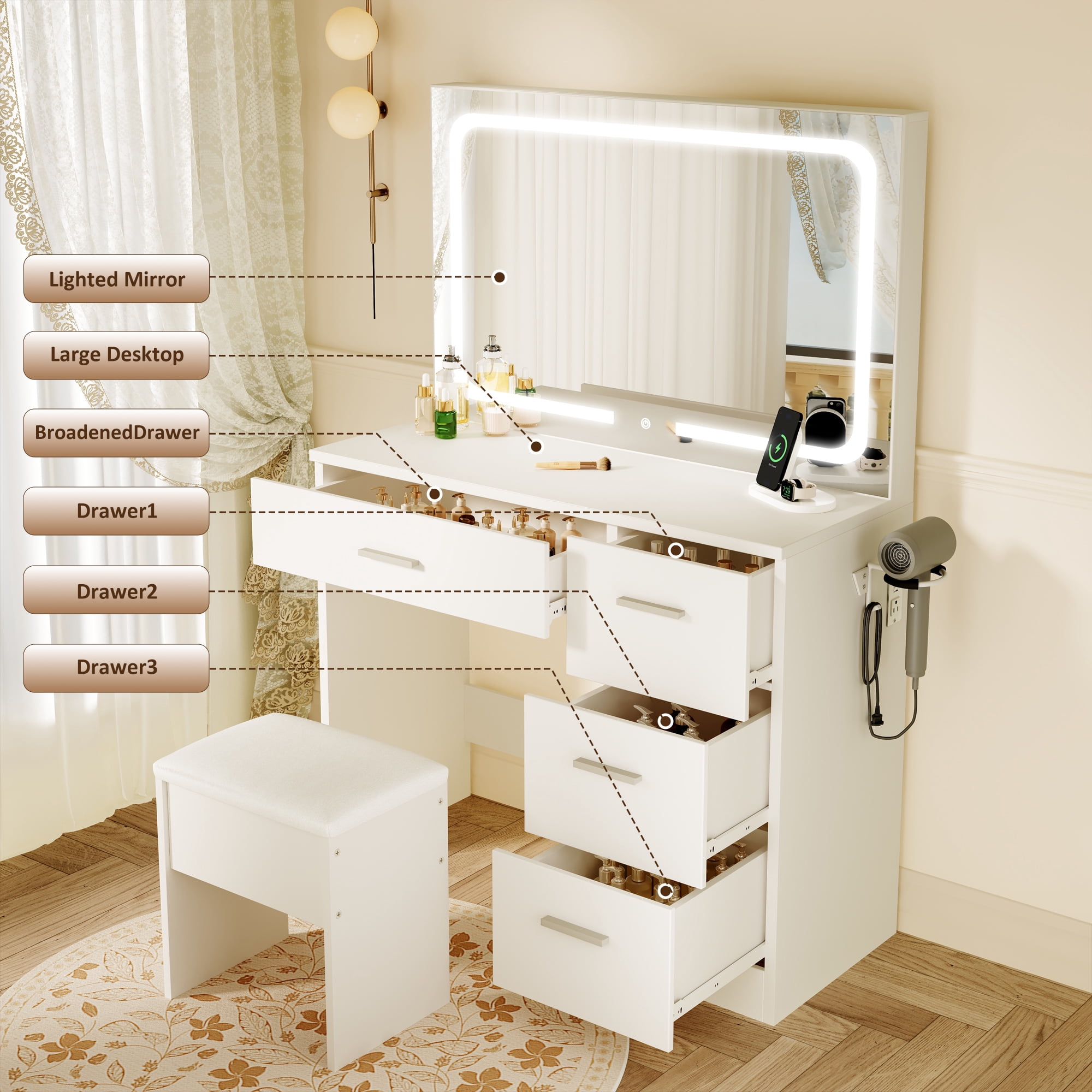 LIVELYGLOW Smart LED Vanity Desk with Stool, Dimmable Lighted Mirror, Built-in Power Outlets & USB Ports, Spacious Drawer Makeup Table for Bedroom,White