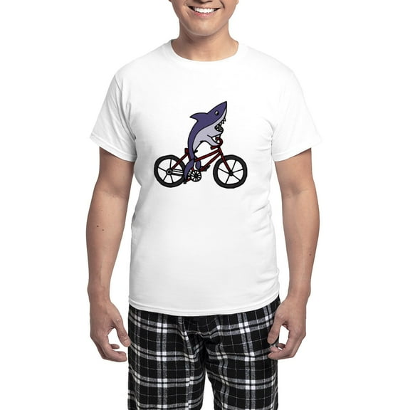 CafePress - Funny Shark Riding Bicycle Men's Light Pajamas - Men's Light Loose Fit Cotton Pajama Set