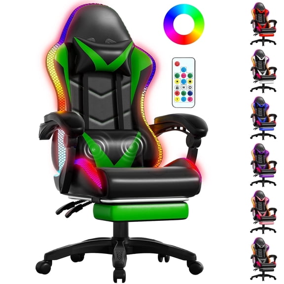 Czlolo Gaming Chair, Racing Style RGB LED Lights Gaming Chairs for Adults and Kids, Lumbar Massager Gamer Chair, High Back Reclining Computer Chair with Footrest and Headrest (Black/Green)