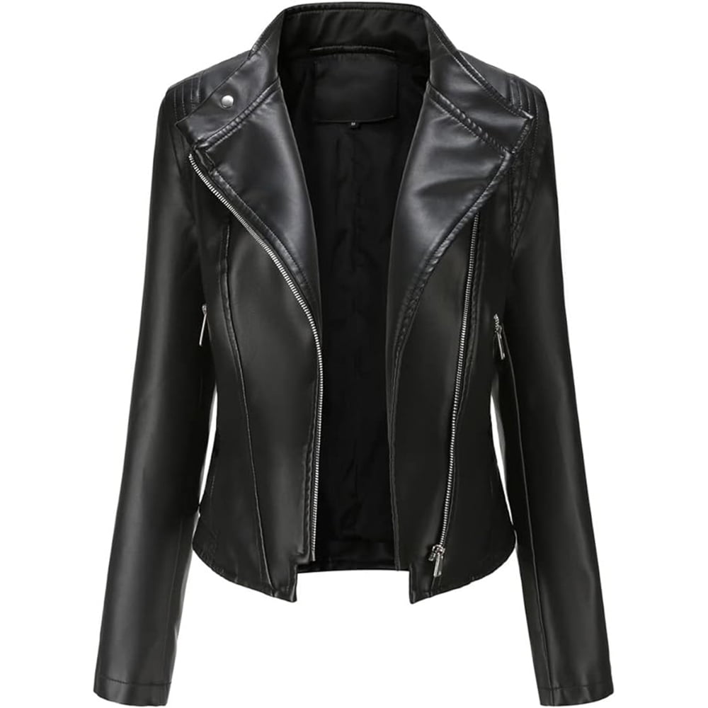 Ladies Leather Jacket Short Biker Jacket Lapel Collar Zip