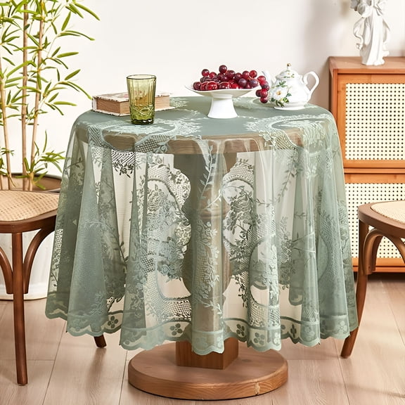 AUQ Vintage Green Lace Tablecloth for Wedding Party Banquet Farmhouse Floral Embroidered Round Table Cover for Dining Home Decor (Round 70 Inch,Green)