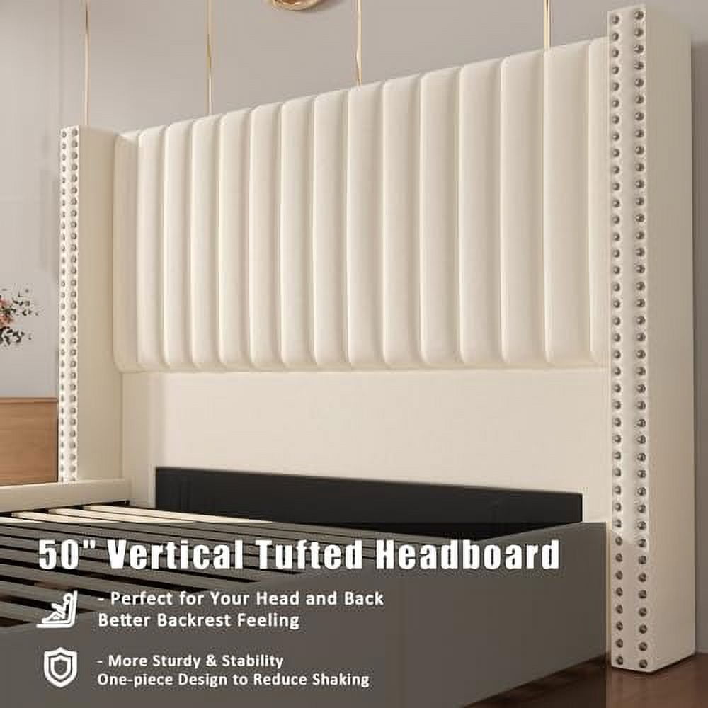 VanAcc Lift up Storage Bed Frame King Size, Upholstered Platform Bed Velvet with Channel Tufted Wingback Headboard, No Box Spring Needed, Cream