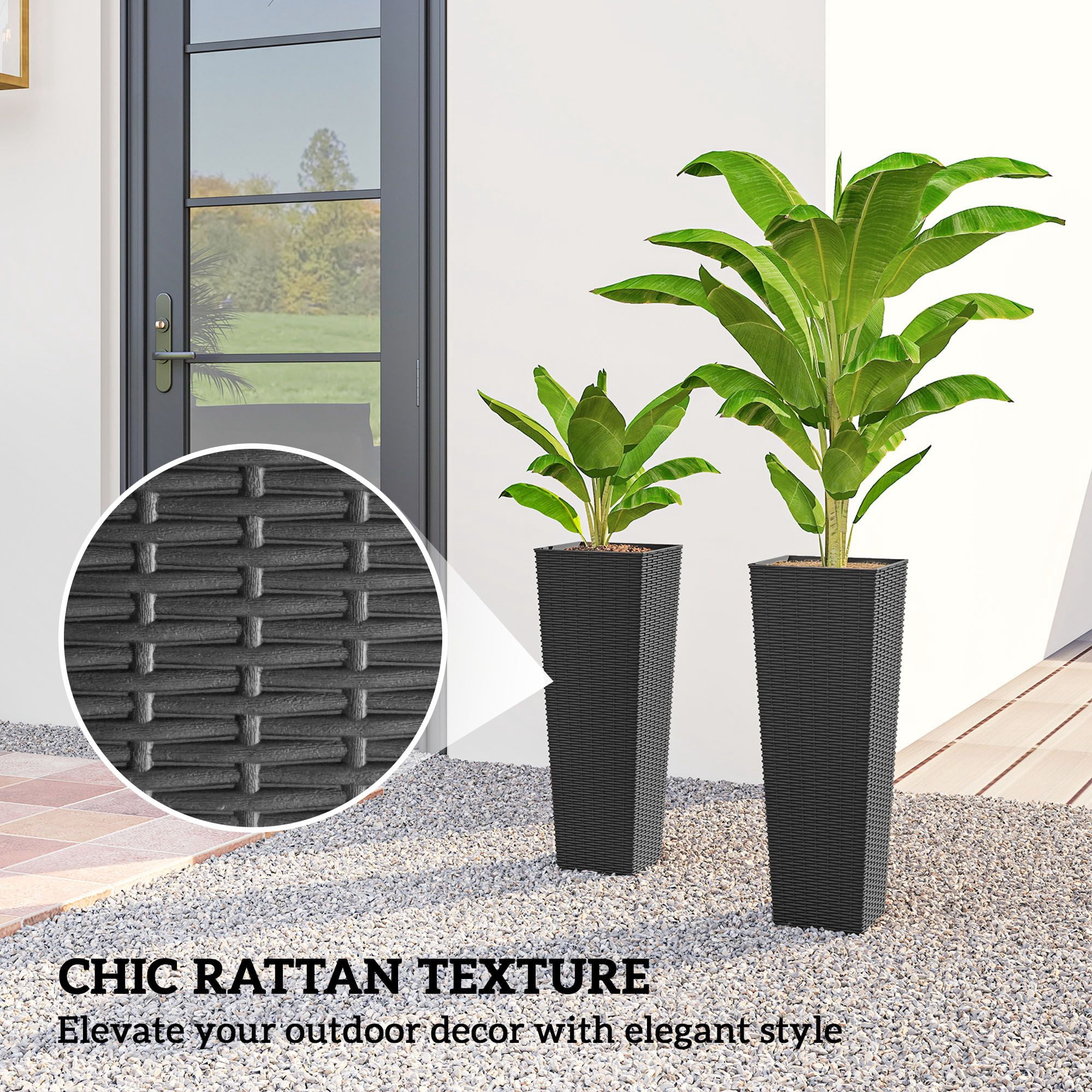 Dranite 23.6in Tall Plastic Planters Set of 2, Black Outdoor Flower Pots with Drainage Holes