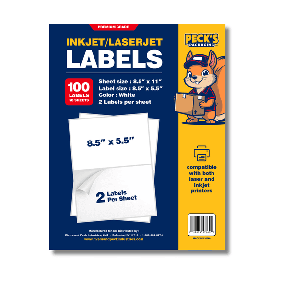 Peck's Packaging 8.5x5.5 Half Sheet Labels for Inkjet/Laser Jet Printers, Matte White, 2 Labels/Sheet (50 SHEETS/100 Labels)