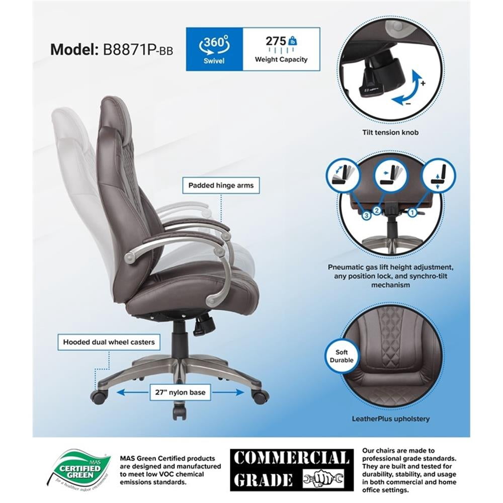 Boss Office Products Executive Hinged Arm Chair with Casters, Brown