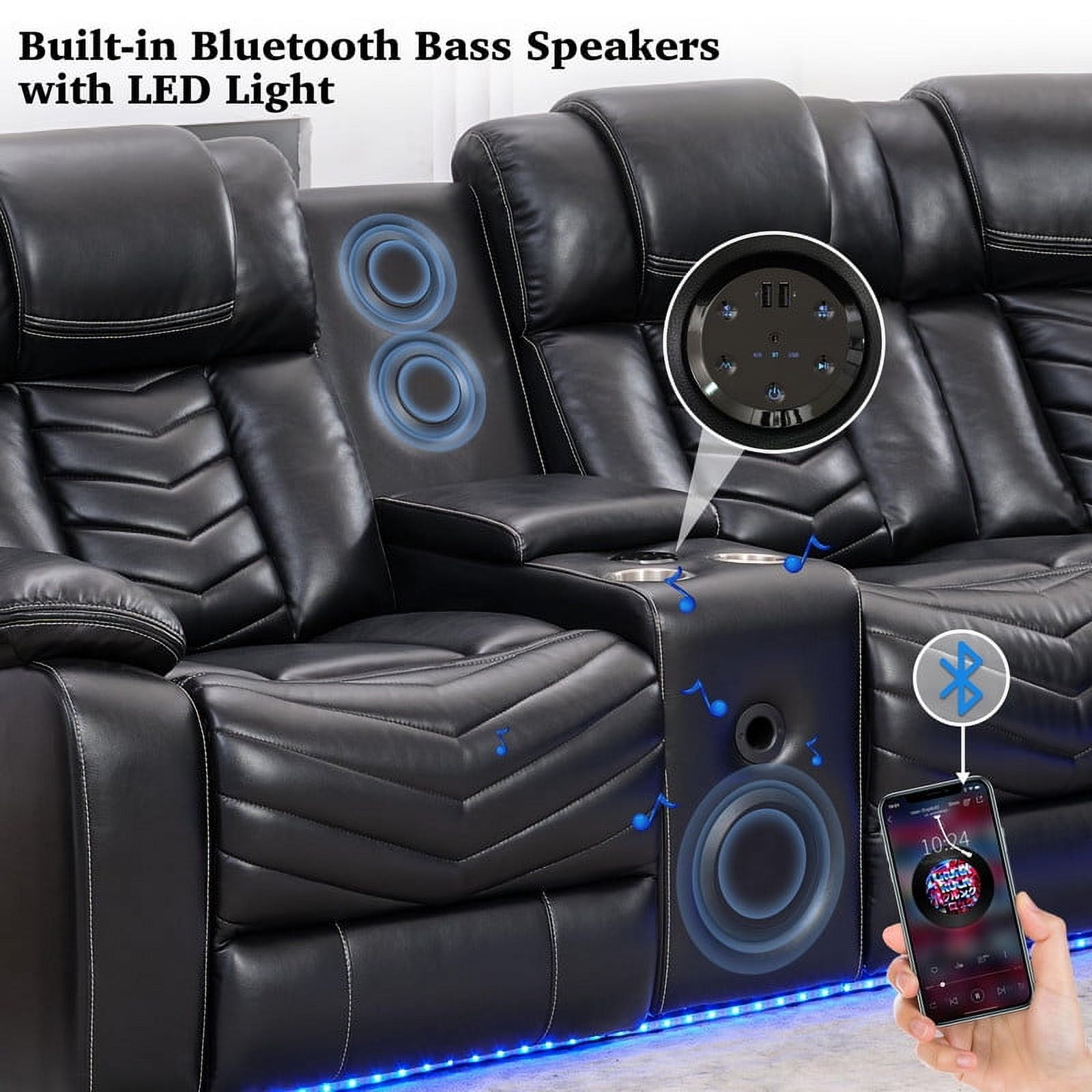 Power Reclining Sectional Sofa with Bluetooth Speakers,USB Ports,LED Lights,Cup Holders,Storage Console,Faux Leather Electric Corner L-Shaped Recliner Couch,5 Seater for Living Room Black