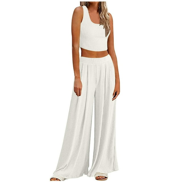 Women‘s Summer 2 Piece Outfits Lounge Sets Ribbed Knit Crop Top Wide Leg Pants with Pockets S-XXL