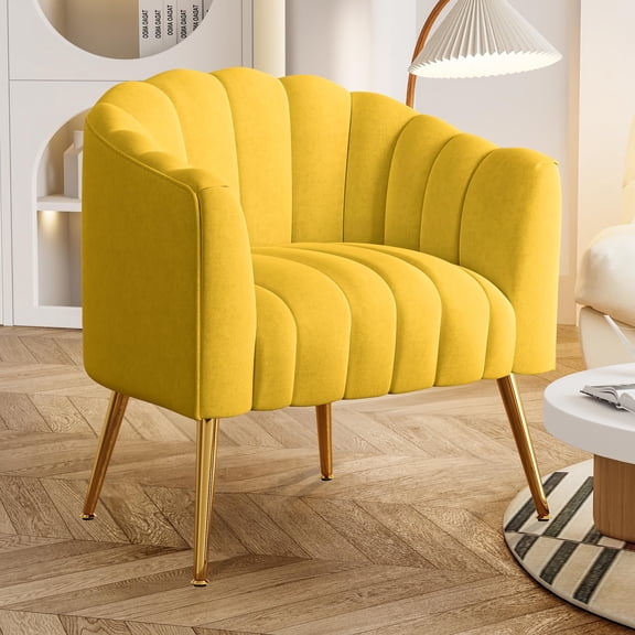 Yellow Velvet Channel Tufted Barrel Accent Chair With Gold Tone Legs Modern Lounge Armchair