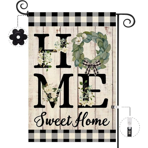 diyeu Home Sweet Home Magnolia Garden Flag Double Sided 12.5x18 Inch Spring Summer Buffalo Plaid Check Small Yard Flag Burlap Vertical Farmhouse Rustic Outside Outdoor Lawn Patio Decor
