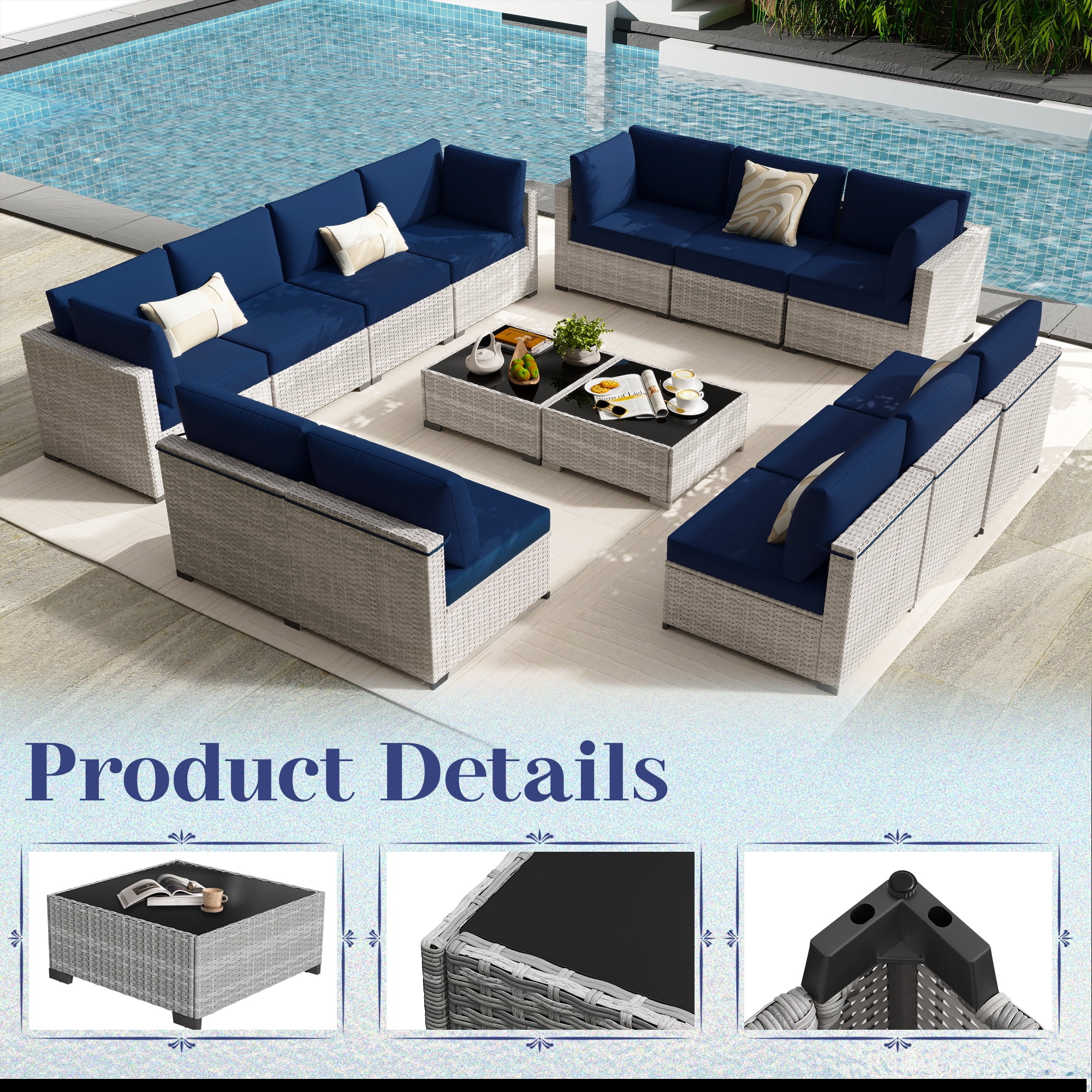 KIGOTY 7 Piece Outdoor Patio Furniture, Wicker Rattan Outdoor Conversation Set Sectional Sofas for Backyard, Garden, Gray-white Navy blue
