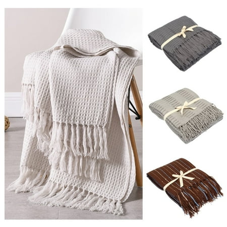 Waffle Knit Blanket Throw Blanket Textured Solid Soft Sofa Couch Decorative Knitted Blanket Fringe Waffle Pattern 51