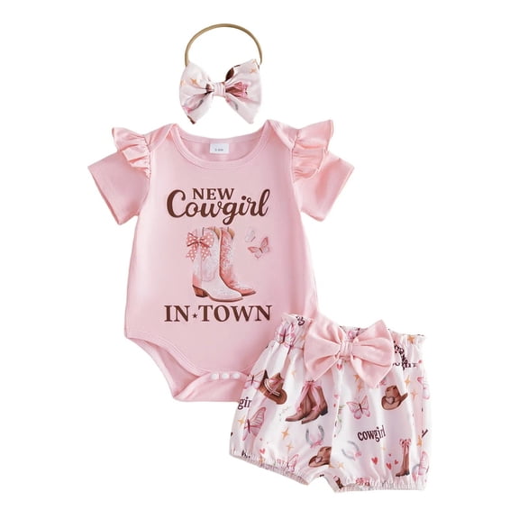 RMGVDSD Baby Girl Clothes Baby Girls Cowgirl Outfit Short Sleeve Letter Print Romper Bodysuit and Shorts with Headband 3Pcs Set 3-6 Months