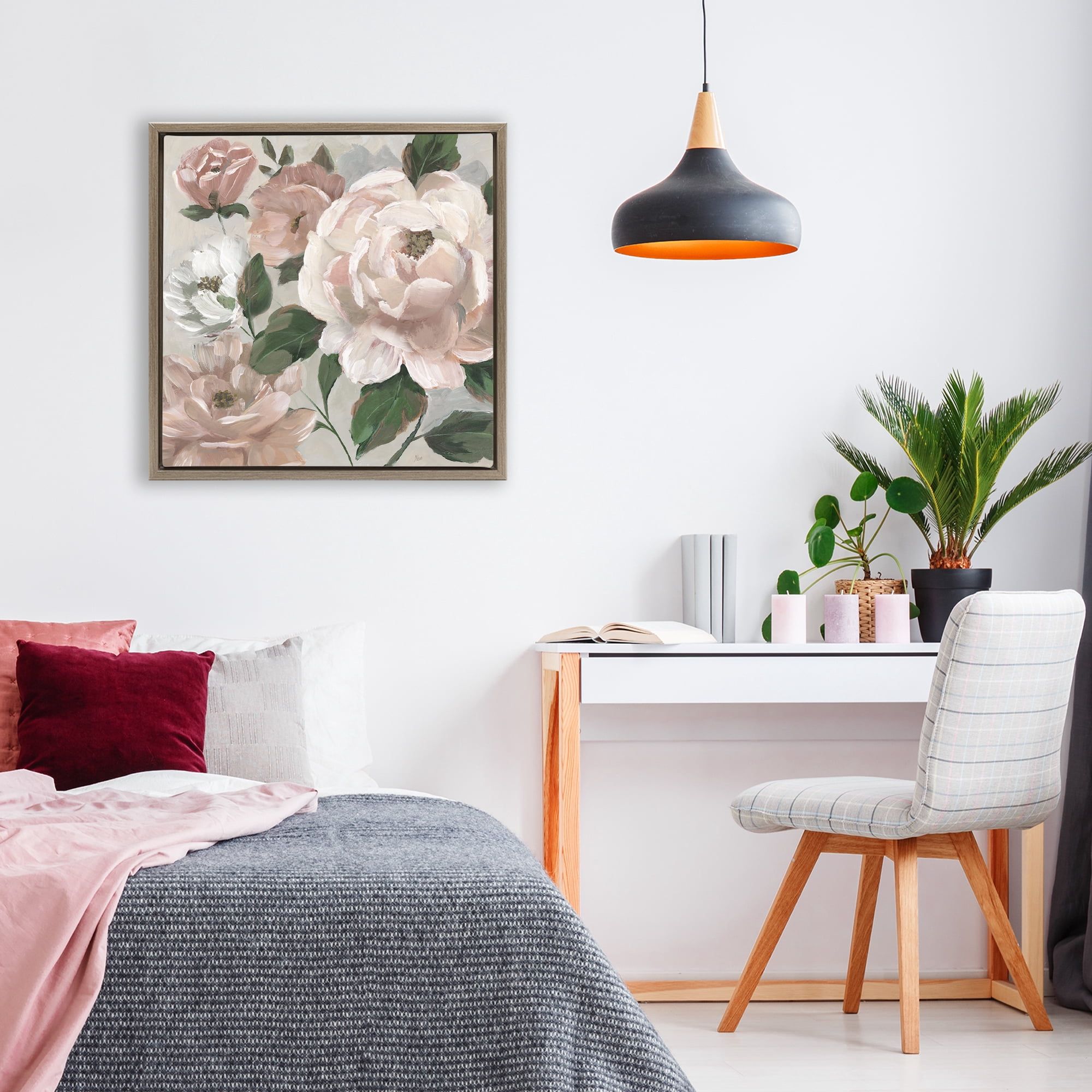 Stupell Industries Delicate Blush Peonies with Leaves Brown Framed Floater Canvas Wall Art, design by Nan