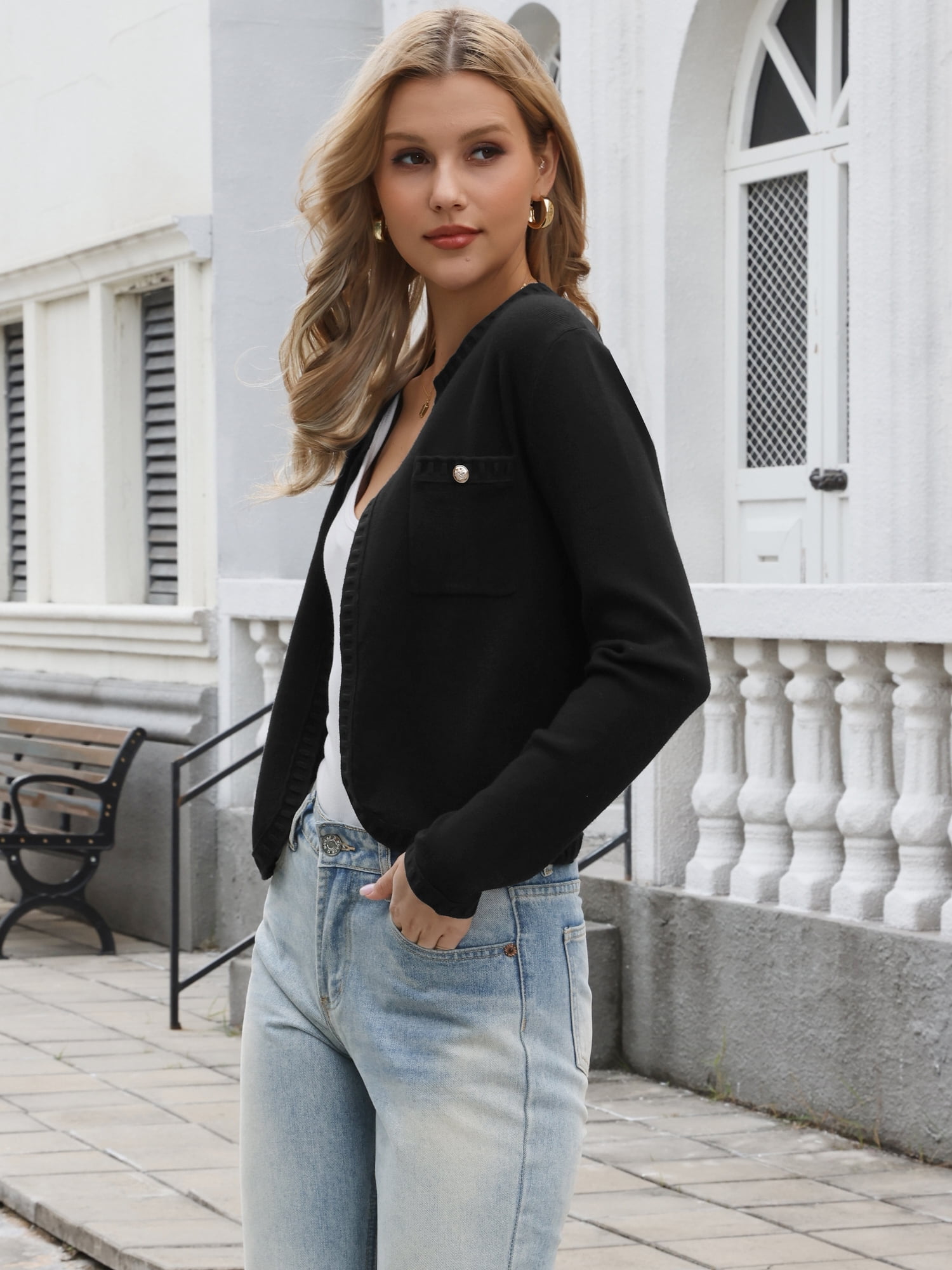 DARING DIVA Women's Knit Long Sleeve Cropped Sweater Cardigan Shrug S Black