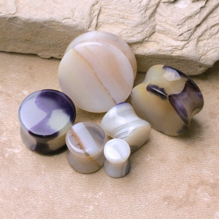 Natural Purple White Agate Saddle Plug Earrings