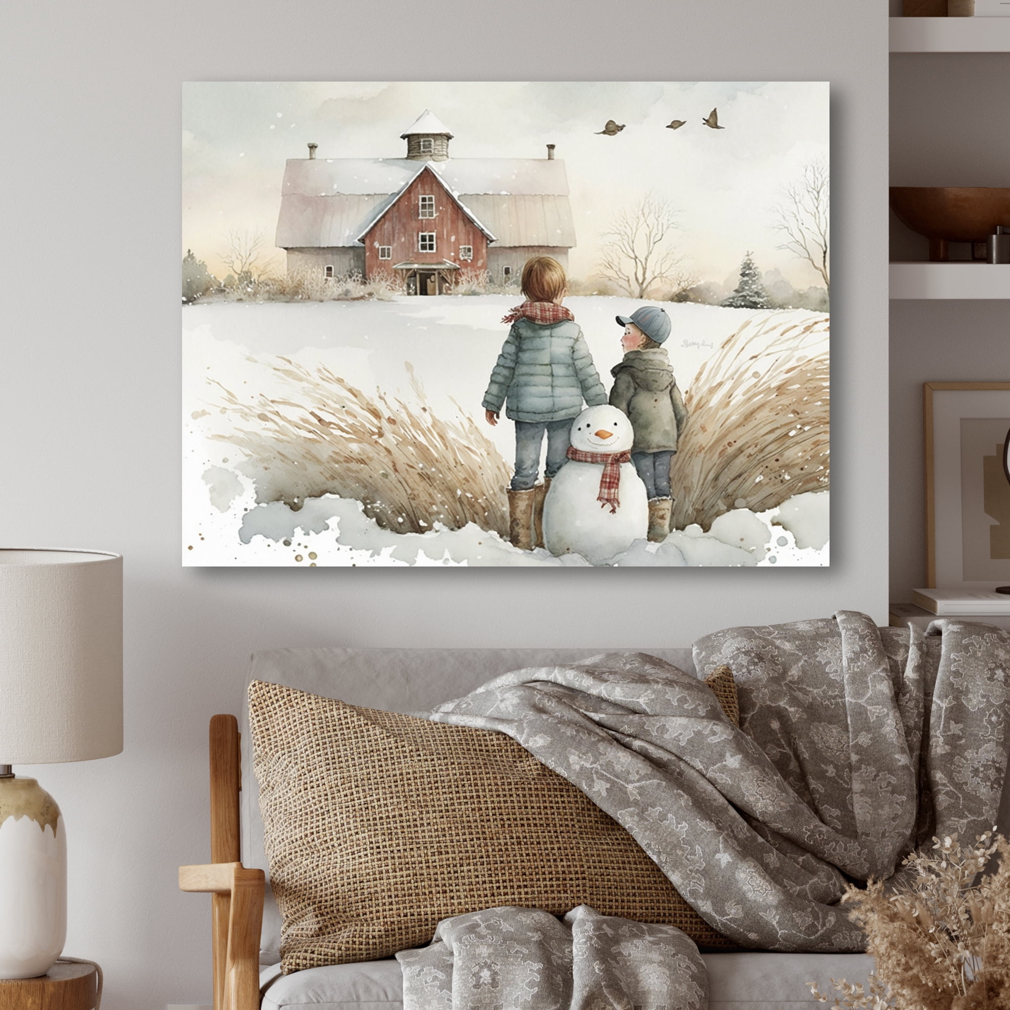 Designart Kids Playing In The Snow I Canvas Wall Art