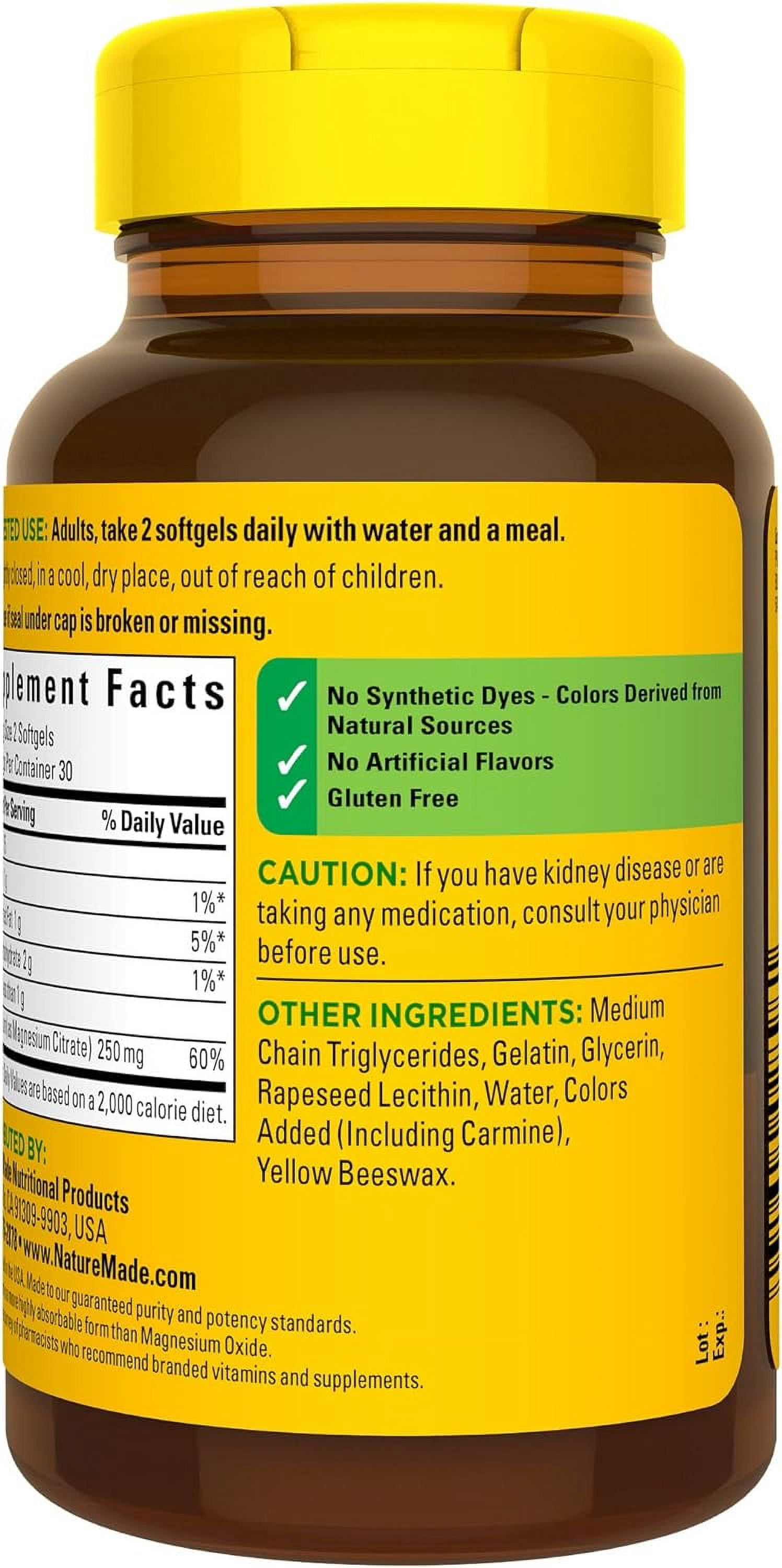 Nature Made Magnesium Citrate 250 mg Softgels Dietary Supplement for Muscle Support, 60 Ct