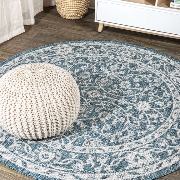 JONATHAN Y SANTA MONICA 5' Round Area Rug, Palazzo Vine and Border Textured Weave - Teal/Gray, SMB103B-5R