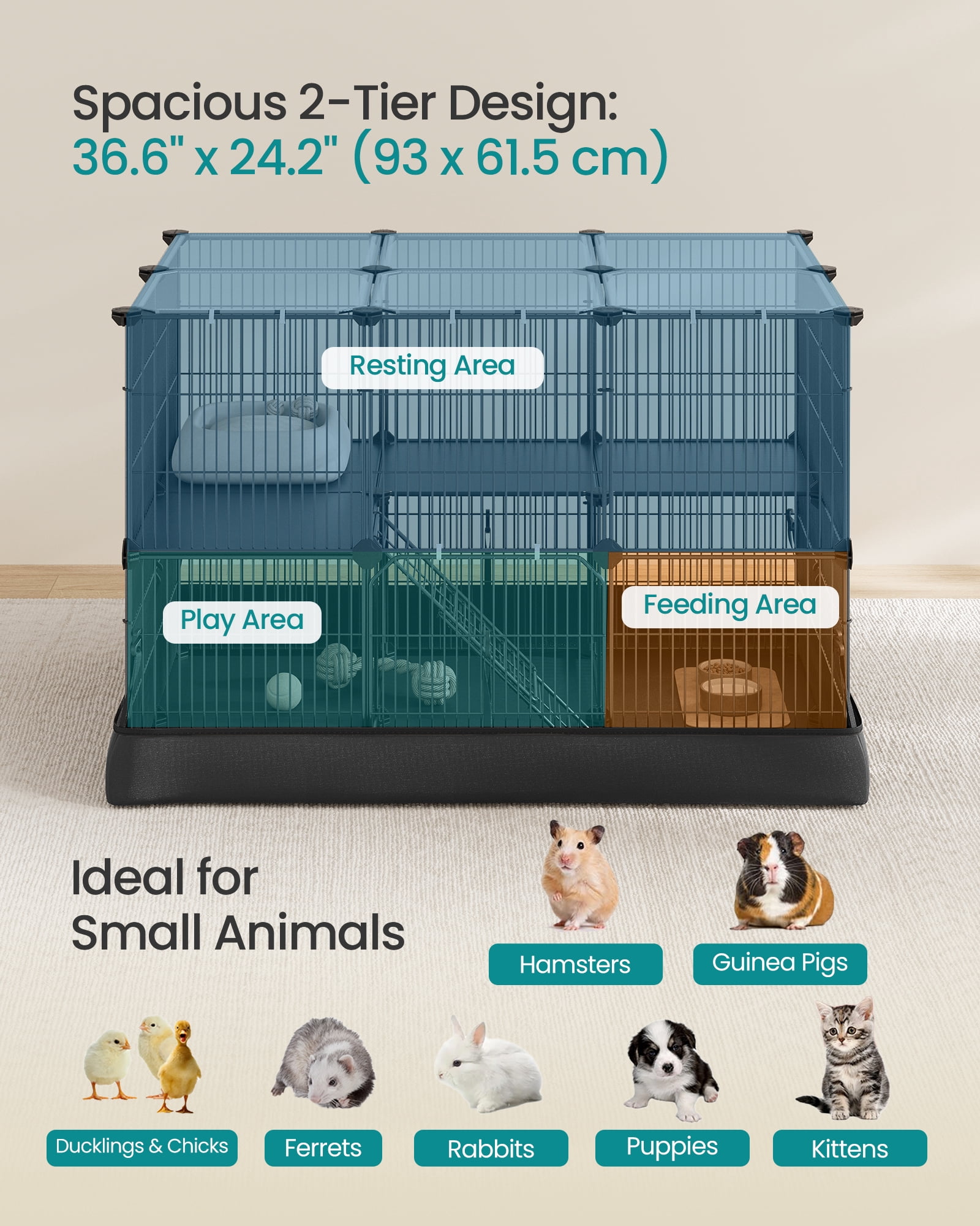 SONGMICS 2-Tier Guinea Pig Cage, Rabbit Cage, Small Animal Playpen with Waterproof Mat, Top and Side Door, 35 Panels, Ink Black