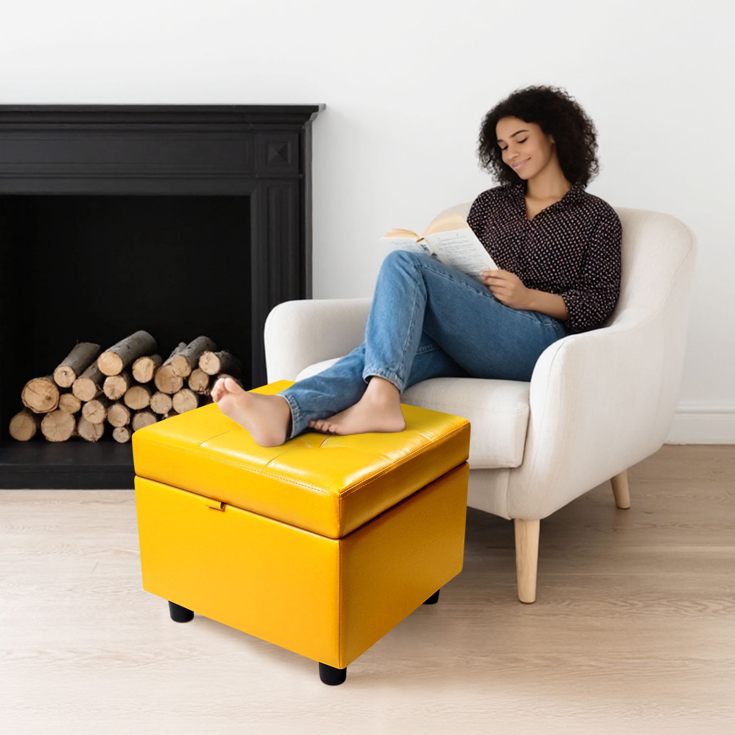 H&B Luxuries Tufted Leather Square Flip Top Storage Ottoman Cube Foot Rest (Yellow with Storage)