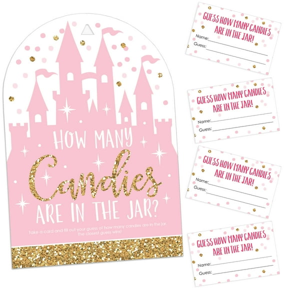 Big Dot of Happiness Little Princess Crown - How Many Candies Pink Baby Shower or Birthday Party Game - 1 Stand and 40 Cards - Candy Guessing Game