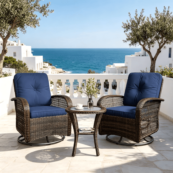Dateyes 3 Pieces Patio Furniture Set, Patio Swivel Rocker Chairs Set of 2, Wicker Outdoor Bistro Set with Rocking Chair, Thickened Cushions and Table for Porch (Navy Blue)
