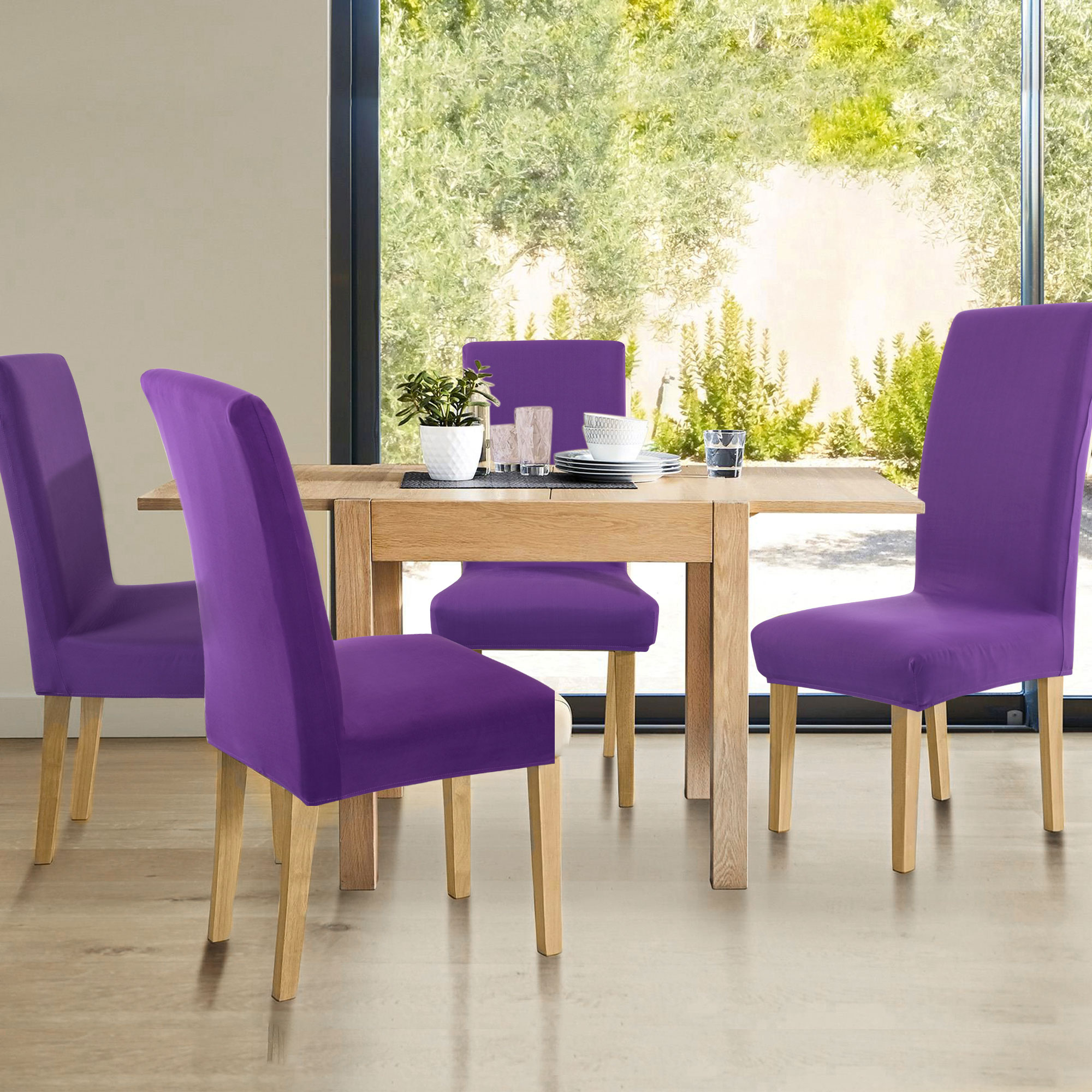 Unique Bargains Spandex Solid  Dining Chair Covers Protector Slipcovers Purple 6 Pcs
